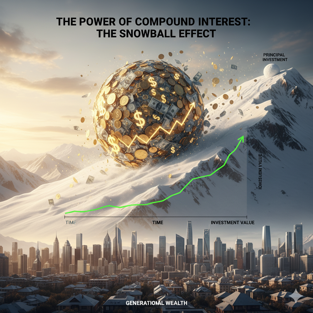 Snowball rolling down hill getting larger, representing compound interest growth